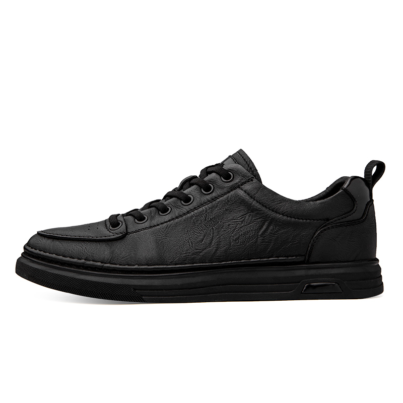 Mulinsen first-layer cowhide genuine leather fashion trend simple British elite high-end sense commuting outdoor lightweight lace-up flat bottom round toe comfortable non-slip wear-resistant versatile men's casual shoes men's black