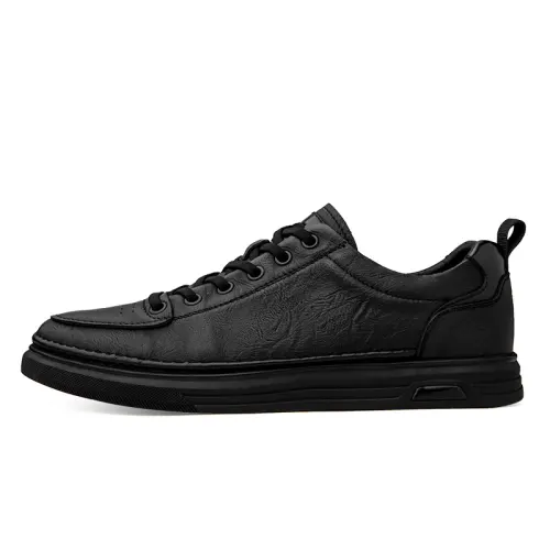 Mulinsen first-layer cowhide genuine leather fashion trend simple British elite high-end sense commuting outdoor lightweight lace-up flat bottom round toe comfortable non-slip wear-resistant versatile men's casual shoes men's black
