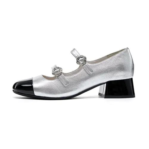 Marie Claire Sheepskin Block Heel High Heels 4cm Women's Space Silver+Night Black