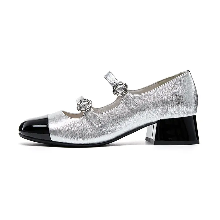 Marie Claire Sheepskin Block Heel High Heels 4cm Women's Space Silver+Night Black