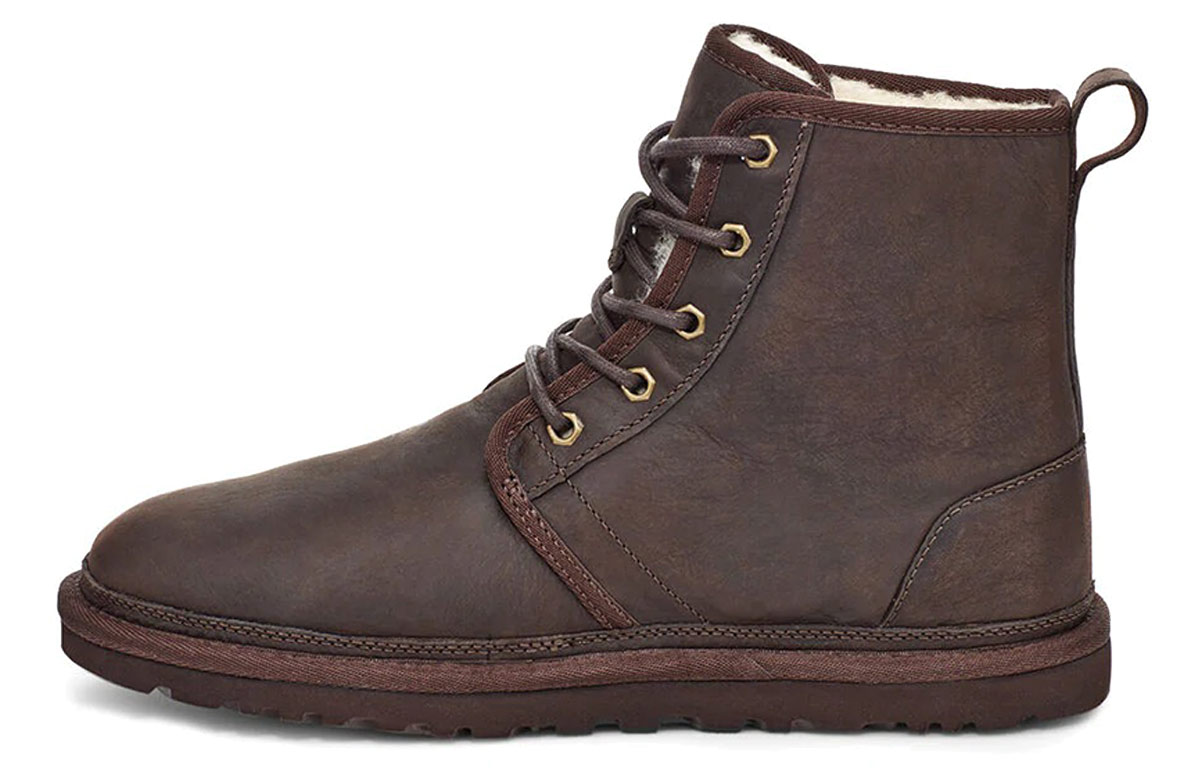 UGG Harkley Leathere Sheepskin Thermal Waterproof Slip Resistant Coverage Short Mid Calf Snow Boots Men's Coffee