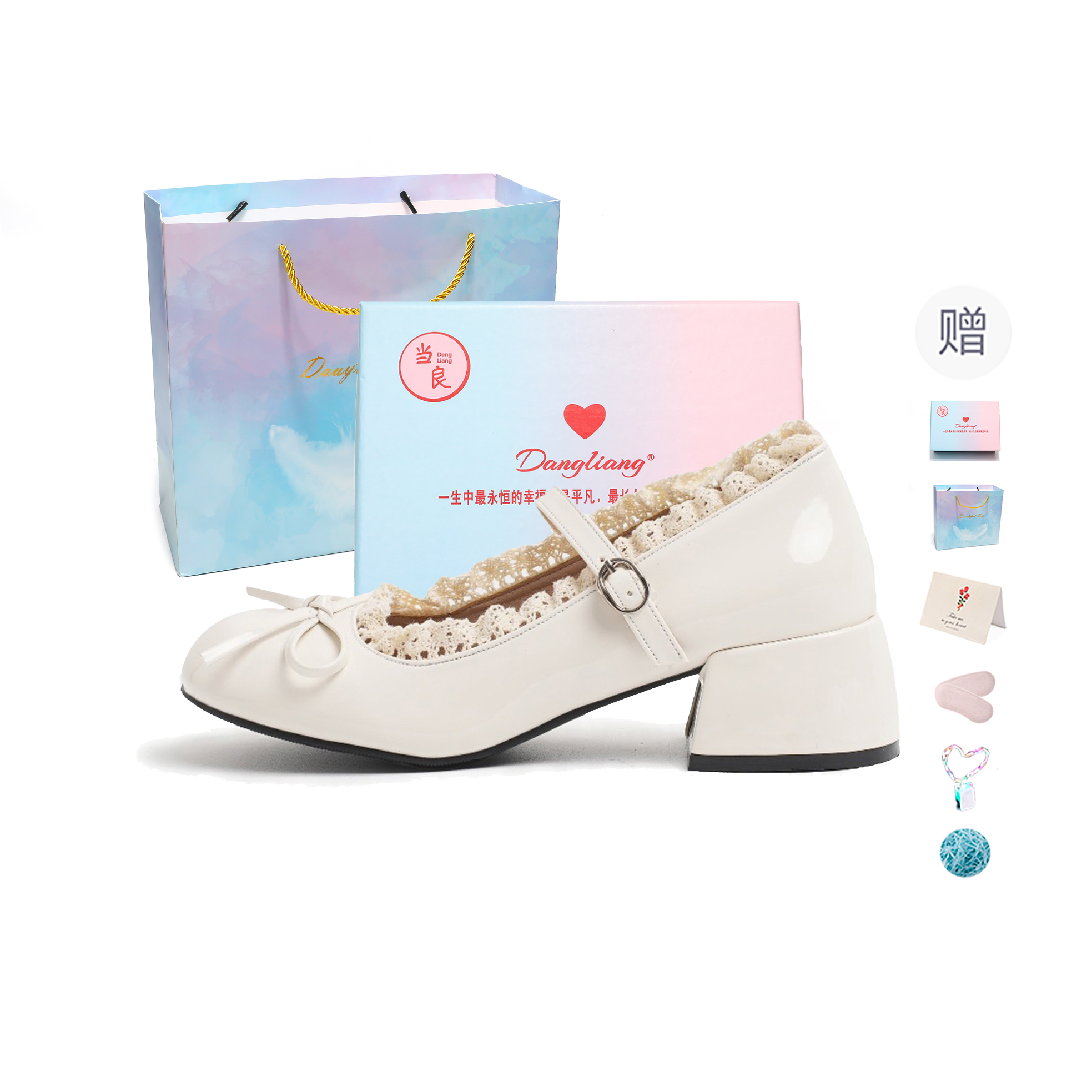 Dangliang PU Elegant Bow Retro Sweet Cute Literary Simple Comfort Thick Heel Mary Jane Shoes Women's Gift Box
