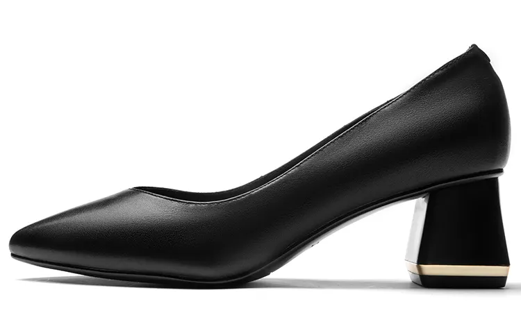Red Dragonfly, first-layer cowhide, pointed toe, versatile and simple, thick heels, high heels, 6cm, women's style