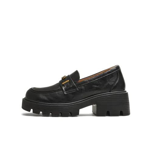 Teenmix Tianmeiyi Paris Stroll Series Micro Square Toe Small Leather Shoes Thick Heel Increased by 5cm Old Medieval Badge Classic Retro Simple Comfort Versatile College Style Anti-wear Foot Small Cloud Design Loafers Women