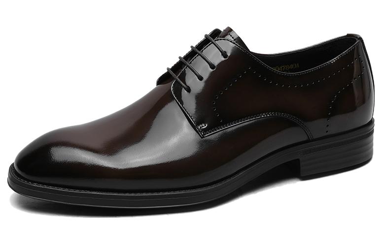 GOLDLION two-layer cowhide, round toe lace-up, formal leather shoes, men's model, brown