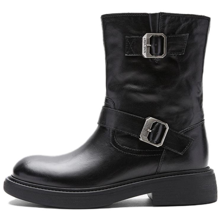 NINE WEST Jiuxi cow leather, sugar cube chivalry spirit, exquisite retro belt double buckle, trendy and versatile, sweet and cool, fashionable street style, personalized motorcycle style, daily party street style wear, sleeves, short boots, 4cm women's style