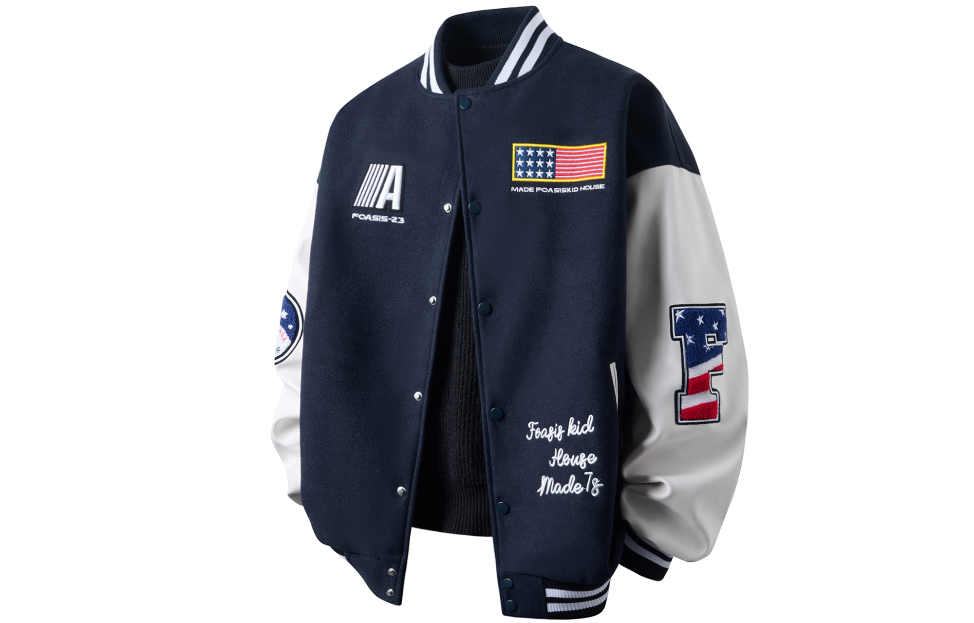 FOASIS Varsity League V.L. American retro embroidery patch college style loose letter print towel embroidery heavy industry embroidery casual sports long-sleeved number color-blocking single-breasted jacket baseball uniform women's navy blue
