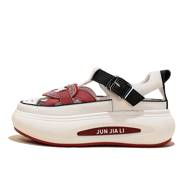 Junjiali two-layer cowhide, rhinestone hollow inner heightening thick sole, beach sandals, women's model