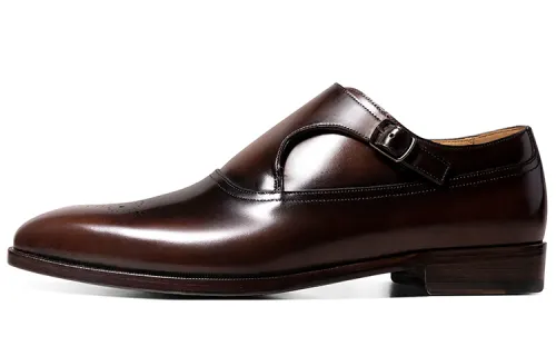 THOM WILLS British style buckle monk shoes, trendy fashion handmade business formal leather shoes, men's style, dark brown color
