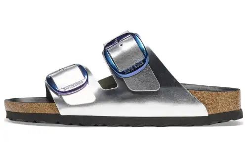 Birkenstock Leather Slide Slippers Women's Metallic Silver Regular