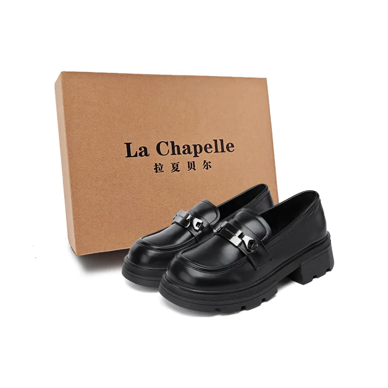La Chapelle Versatile and fashionable French shiny small leather shoes, simple PU, comfortable, elegant and refined commuting loafers 4.1cm women's black