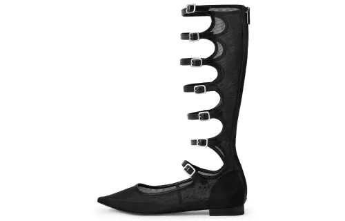 CHARLES&KEITH Small CK Gothic Lolita Style PU, Textile Roman Sandals 1.5cm Women's Black