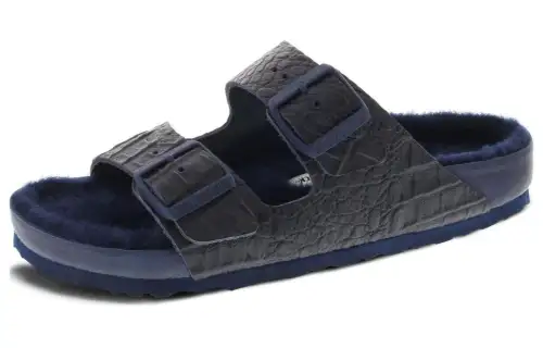 Birkenstock Leather Slide Slippers Unisex Crocodile Navy Blue