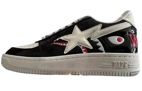 A BATHING APE STA Shark Head Patent Leather Lace Up Low top Stylish Skateboarding Shoes Men's Black White Distressed