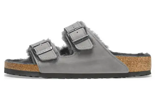 Birkenstock Arizona Shearling Leather Slide Slippers Unisex Gray