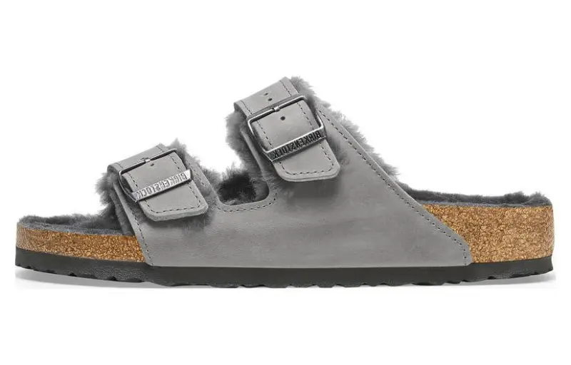 Birkenstock Arizona Shearling Leather Slide Slippers Unisex Gray
