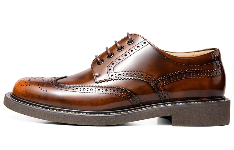 THOM WILLS British business casual calfskin derby shoes, Brock carved breathable and comfortable handmade formal leather shoes, men's yellow-brown polished color