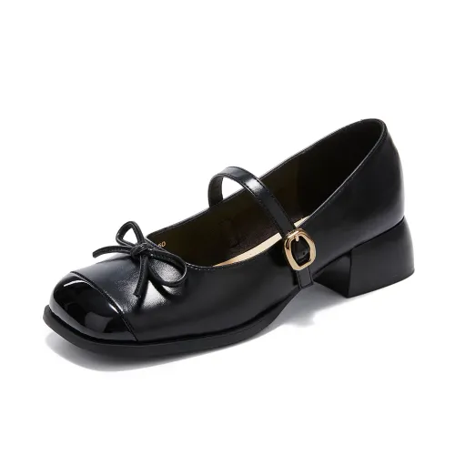 La Chapelle British style retro fashionable and elegant small leather shoes PU comfortable and versatile thick heel Mary Jane shoes women's black