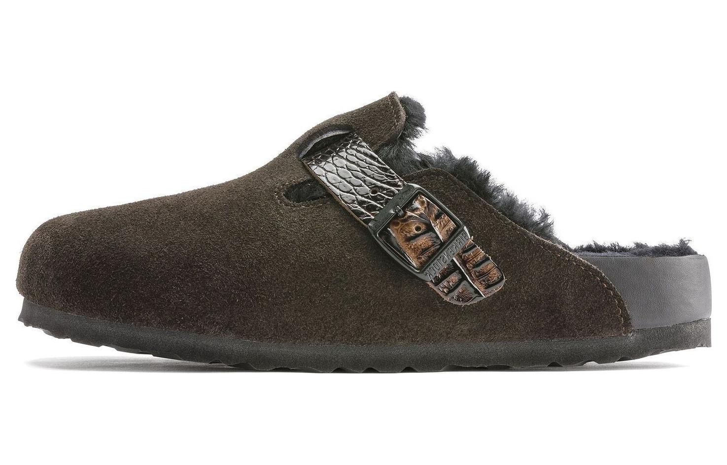 Birkenstock Boston Shearling Suede Reptile Embossed Strap Mocha Brown Black