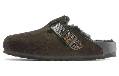 Birkenstock Boston Shearling Suede Reptile Embossed Strap Mocha Brown Black