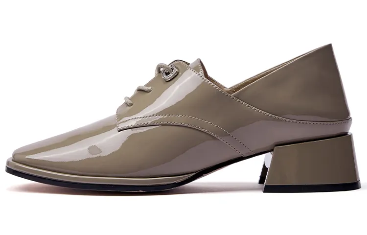 PACO GIL Patent Leather Chunky Heel Leather Shoes 3.5cm Women's Light Brown