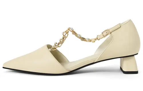 CHARLES&KEITH PU, Textile Chunky Heel Mary Jane Shoes 3cm Women's Pink White