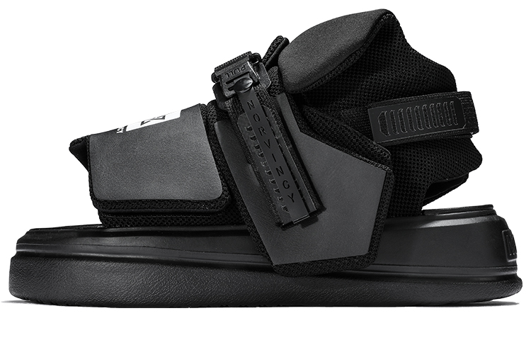 NORVINCY Badge Printed Thick Sole Increased Anti-Slip Outdoor Functional Style Fashion Sandals Breathable Functional Black Warrior Fly Knit Slippers American Street Sports Velcro Mid-top Beach Sandals Same Style for Men and Women
