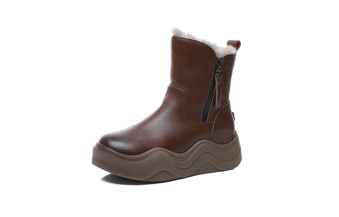 POOQ Top Grain Cow Leather Short Mid Calf Snow Boots 4cm Women's