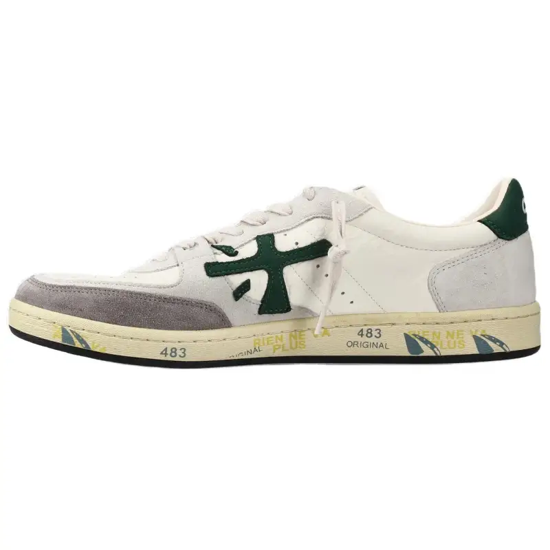 PREMIATA Bskt Clay 7623 Leather Round Toe Flat Lace Low-top Sneakers Men's White Gray Green