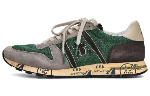PREMIATA Mesh, Leather Lace Up Cushioning Low top Sports Casual Shoes Men's Green Gray