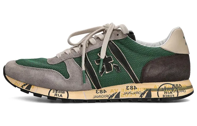 PREMIATA Mesh, Leather Lace Up Cushioning Low top Sports Casual Shoes Men's Green Gray