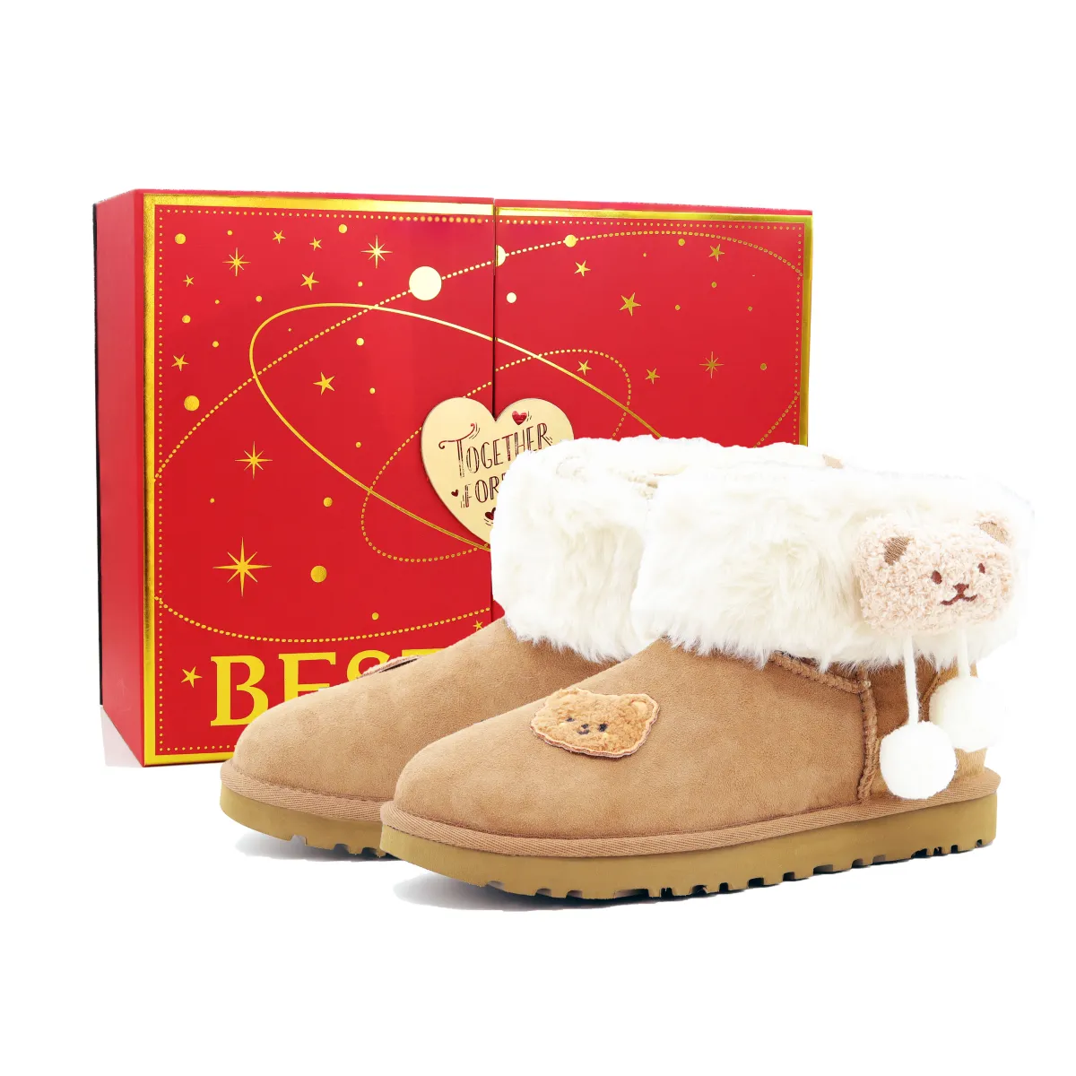 UGG CLASSIC MINI Fluffy Bear's New Year Box Sheepskin Thermal Waterproof Short Snow Boots Women's Beige Brown