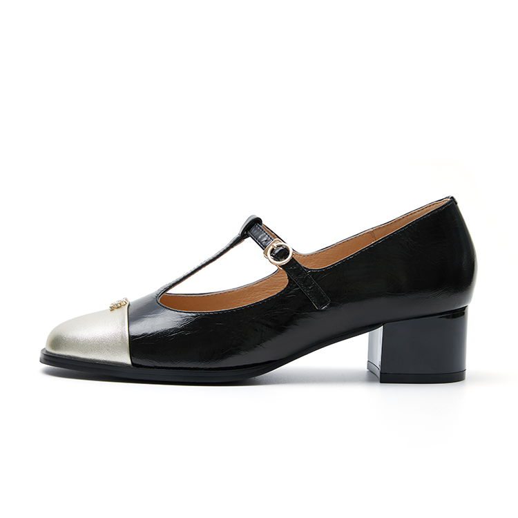 Marie Claire Sheepskin Chunky Heel High Heels 4.3cm Women's Black Gold