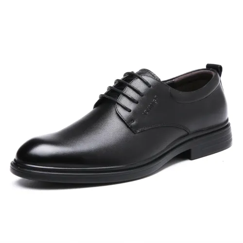 AOKANG cow leather British style business simple soft sole lace round toe commuting formal leather shoes men's black