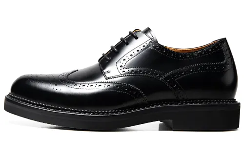 THOM WILLS British Business Brogue Glossy Derby Shoes Thick Sole Inner Increase Breathable Handmade Formal Leather Shoes Men's Black