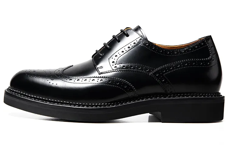 THOM WILLS British Business Brogue Glossy Derby Shoes Thick Sole Inner Increase Breathable Handmade Formal Leather Shoes Men's Black