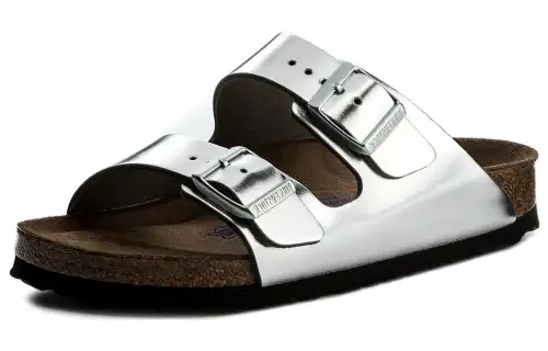 Birkenstock Arizona Leather Slide Slippers 2.5cm Women's Silver Narrow