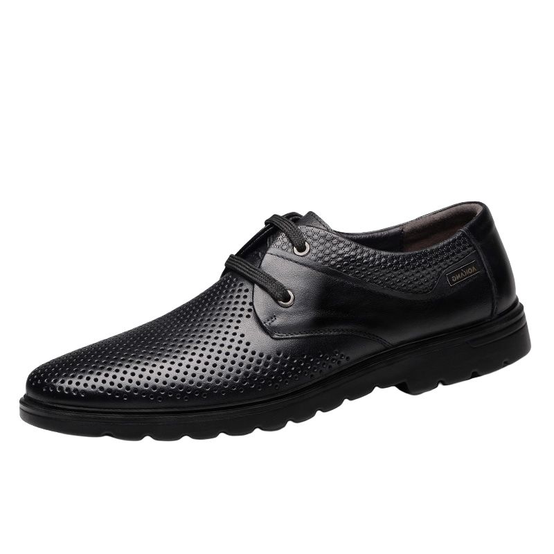 AOKANG Leather Sandals Cow Leather Hollow Summer Breathable Deodorant Thin Genuine Leather Perforated Business Men's Casual Leather Shoes Men's Black Camel Brown