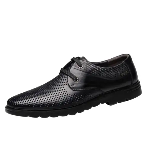 AOKANG Leather Sandals Cow Leather Hollow Summer Breathable Deodorant Thin Genuine Leather Perforated Business Men's Casual Leather Shoes Men's Black Camel Brown