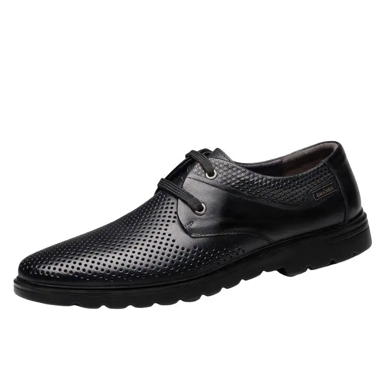 AOKANG Leather Sandals Cow Leather Hollow Summer Breathable Deodorant Thin Genuine Leather Perforated Business Men's Casual Leather Shoes Men's Black Camel Brown