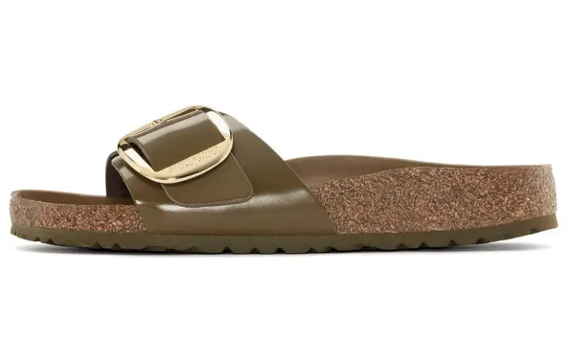 Birkenstock Madrid Big Buckle Natural Leather Narrow Fit Sandals 'Patent High Shine Mud Green' Women's