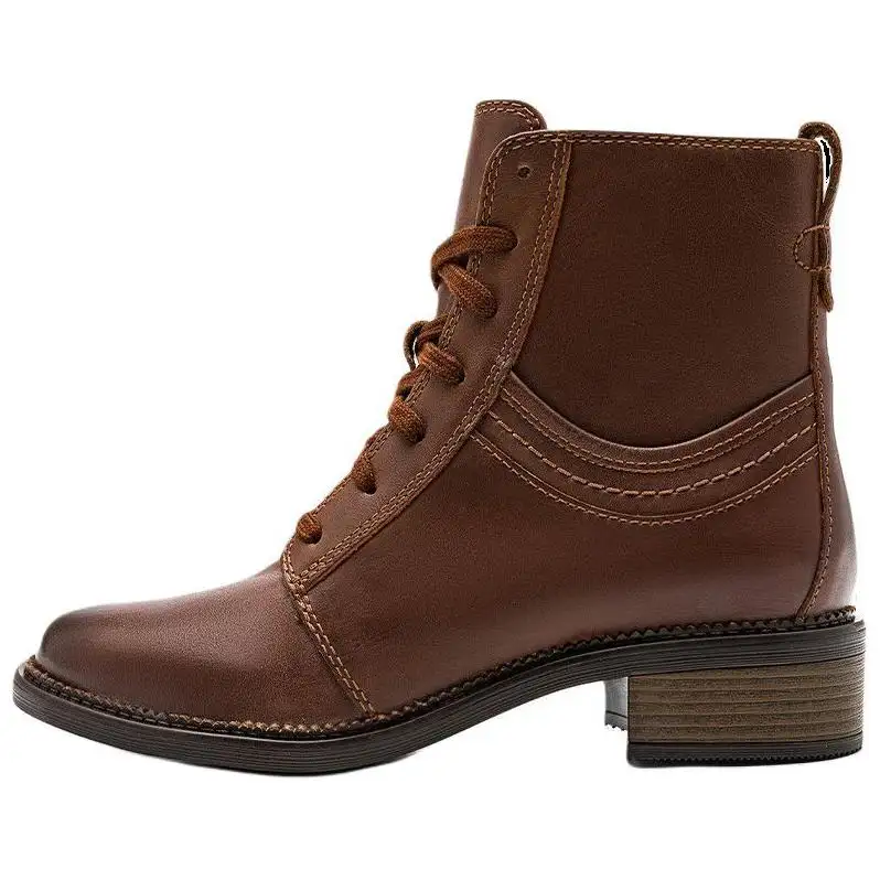 Clarks Cow Split Leather Short Combat Boots 4cm Women's Tan