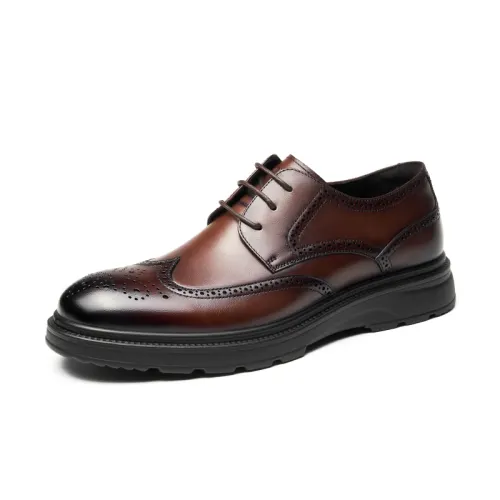 AOKANG first-layer cowhide brogue British style business heightening lace plain surface comfortable non-slip wear-resistant trendy personality casual leather shoes men's style