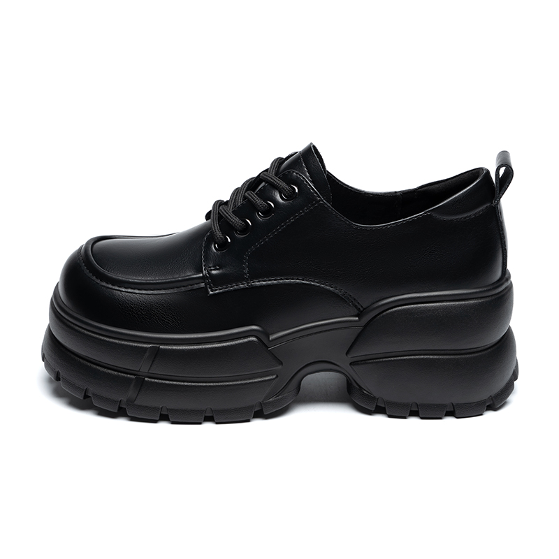 ZHR Zeze PU British preppy style small leather shoes, comfortable and versatile thick soles, lace-up loafers, 6.5cm, women's black