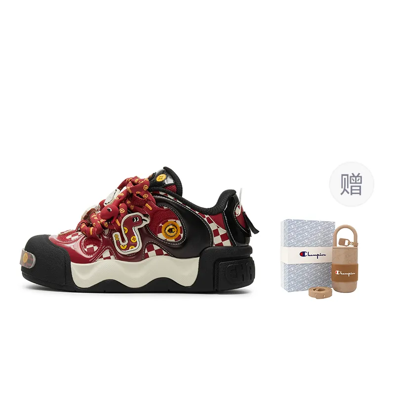 Champion Year Of The Snake Puffy Donut Textile, Synthetic Leather Low top Skateboard Shoes Men's Remnant Red/Black