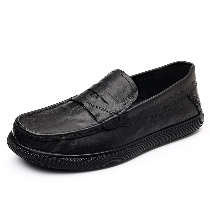 Mulinsen first-layer cowhide, retro classic, daily commuting, comfortable and versatile, British style, genuine leather, lazy slip-on, street office, best man and groom, light luxury and high-end casual leather shoes, men's black