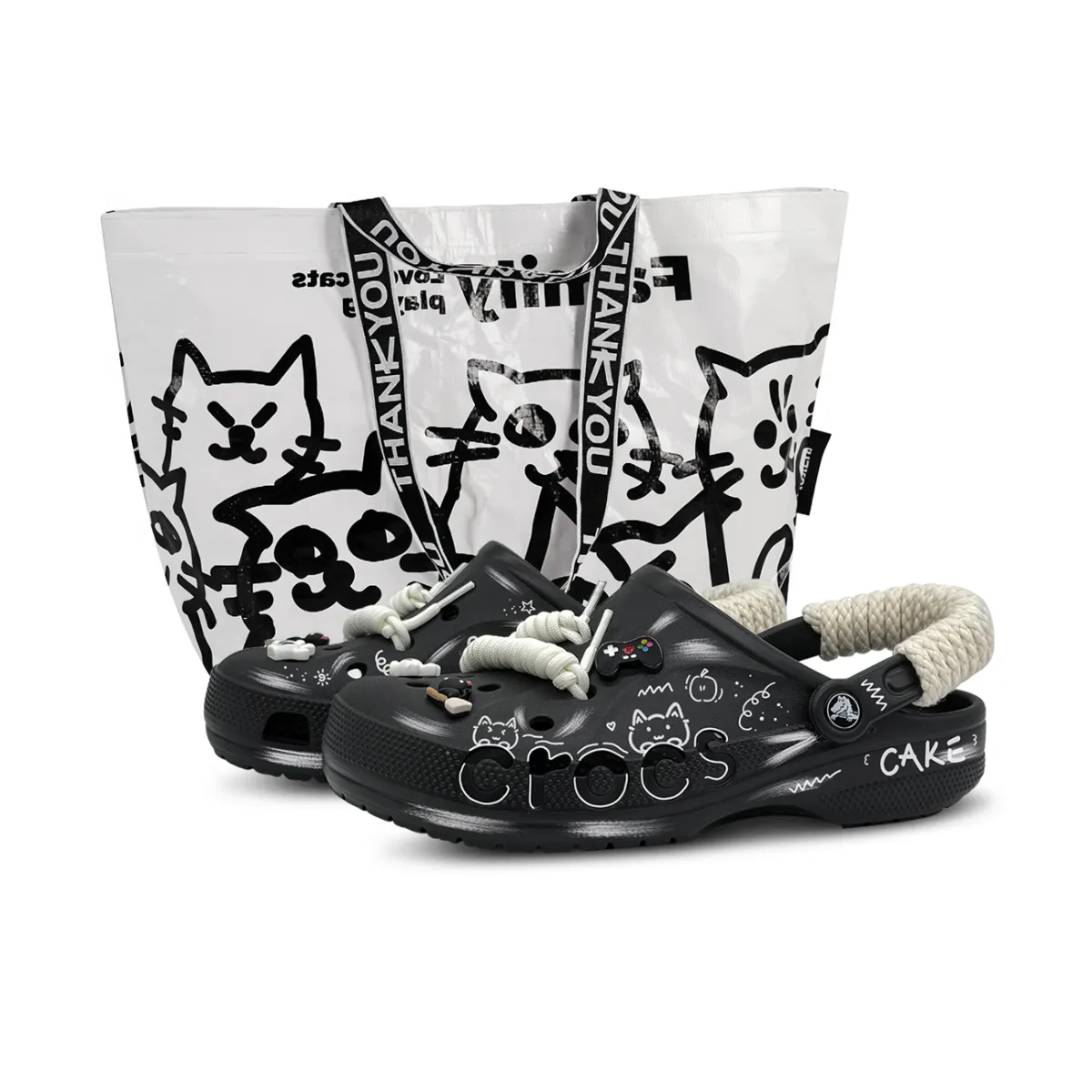 Crocs Baya Cake Cat, Special Shopping Bag EVA Clogs Unisex Black