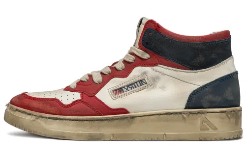 AUTRY Leather Mid top Stylish Skateboarding Shoes Men's White Red Distressed