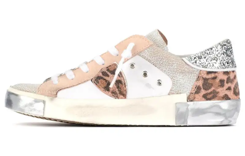 PHILIPPE MODEL Leather Stylish Skateboarding Shoes Women's White Brown Silver