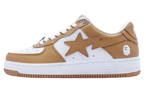 A BATHING APE Bape STA Leather Low top Stylish Skateboarding Shoes Women's White Brown